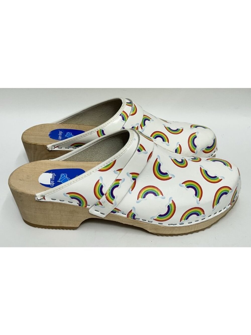 NEW Cape Clogs Size 45 Womens US 14-14-5/ Mens 11.5-12 Wood Heel Rainbows Clouds